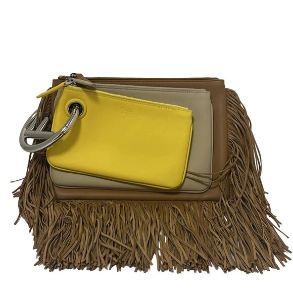 FENDI Triplet Brown Beige Dark yellow Leather - Clutch Bag 425-080825 - Picture 1 of 8